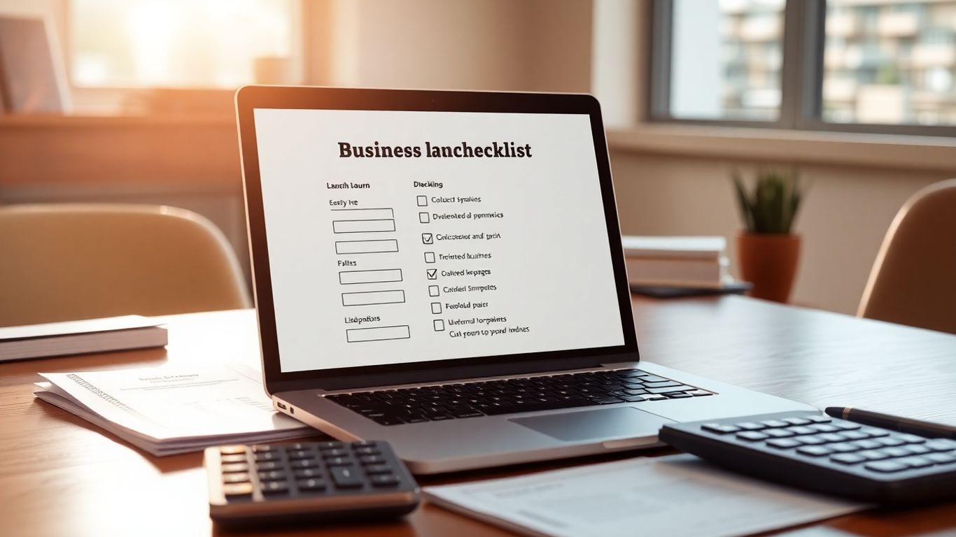 Business launch checklist on a laptop screen.