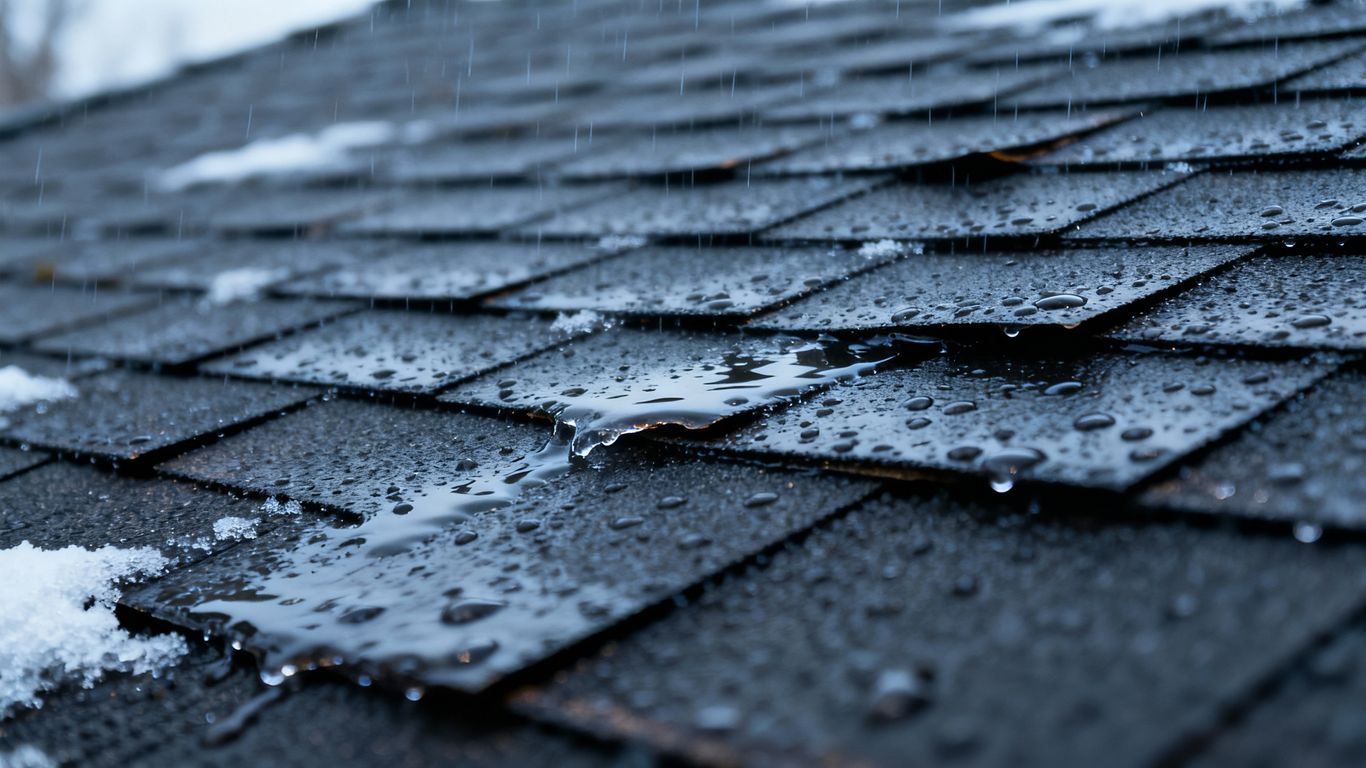 Wet roof with melting snow and water droplets.