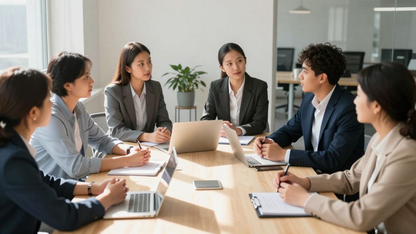People collaborating in a bright, modern meeting room.