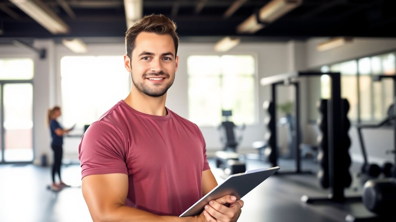 Personal trainer in gym with clipboard