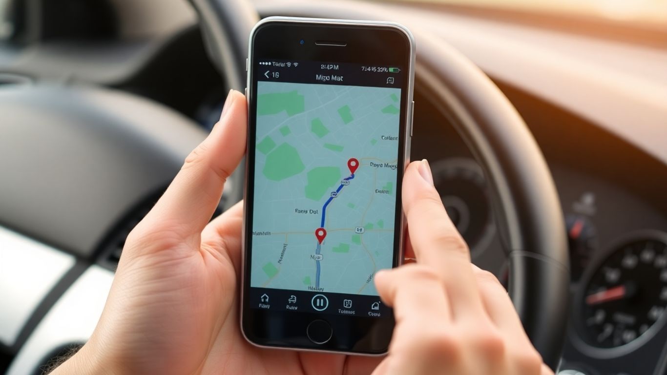 Smartphone mit Offline-Navigationskarte auf dem Armaturenbrett