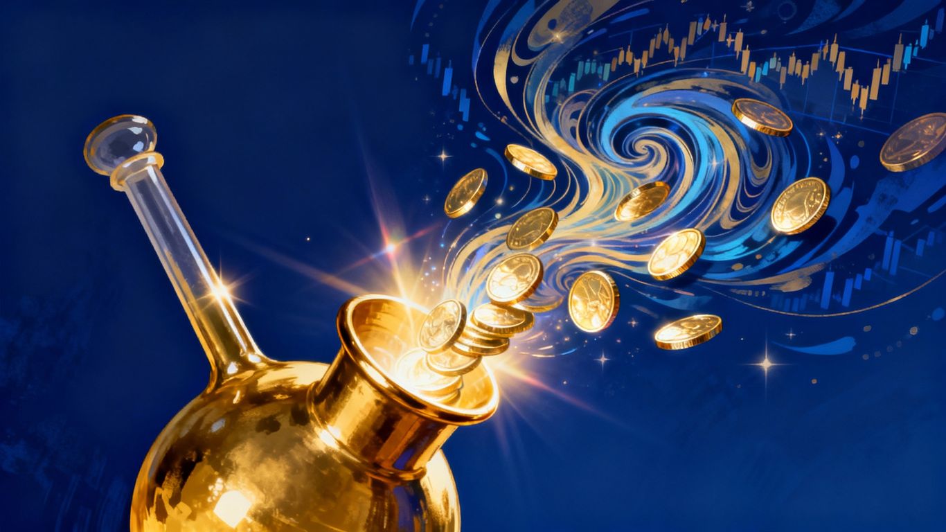 Golden retort transforming market patterns into coins.