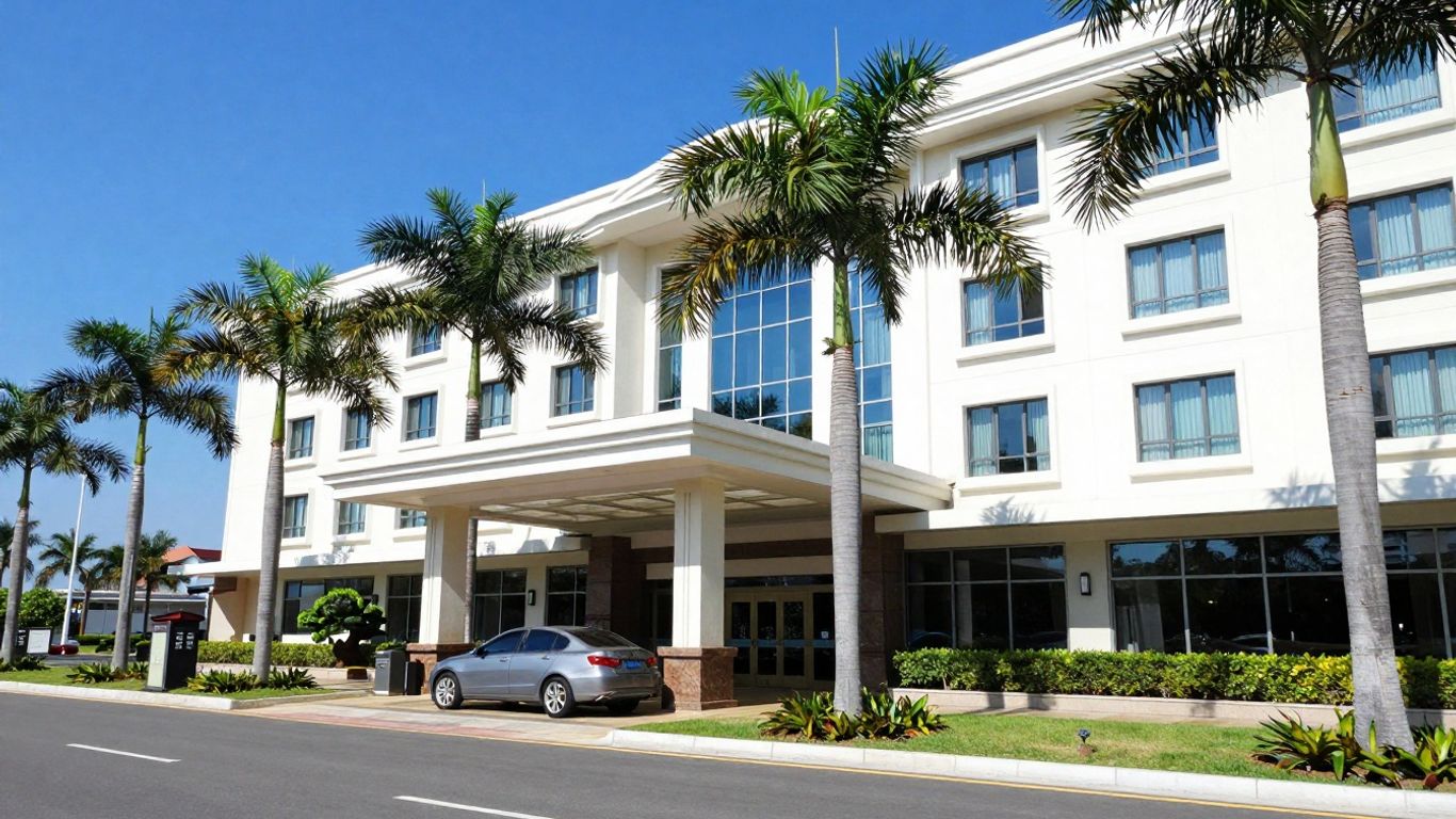 Labuan Bajo airport hotel exterior with palm trees.