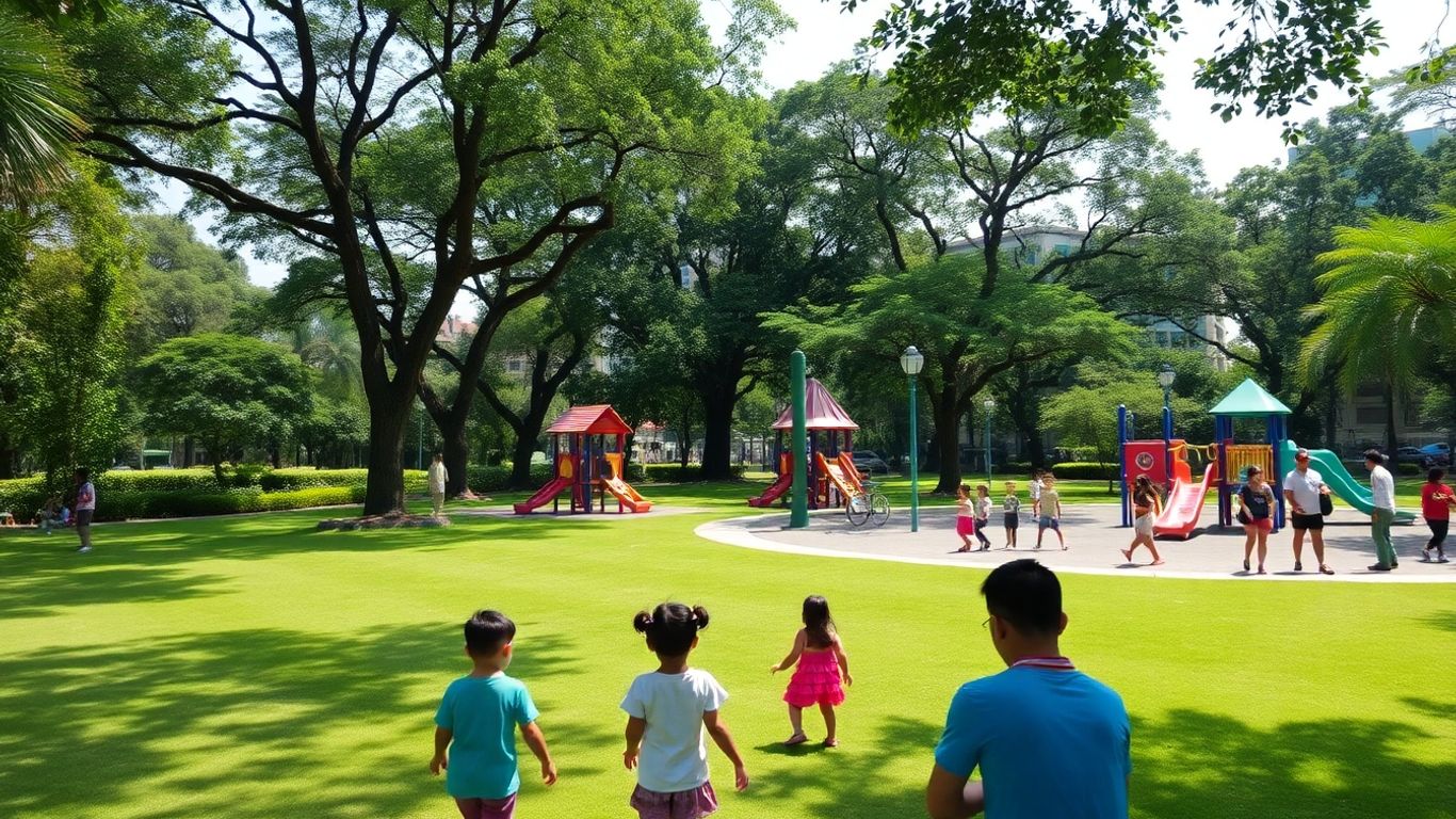 Families enjoying a sunny park with playgrounds in Manila.