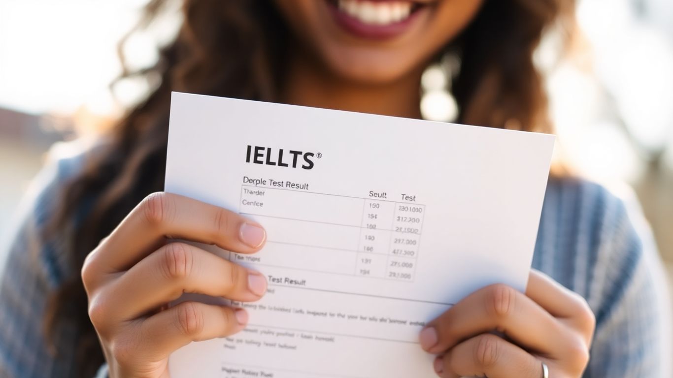 Person reviewing IELTS test results document.
