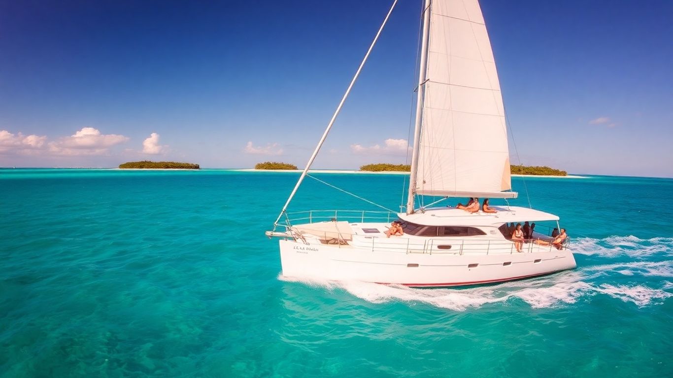 Luxury charter boat sailing Belize with tropical islands