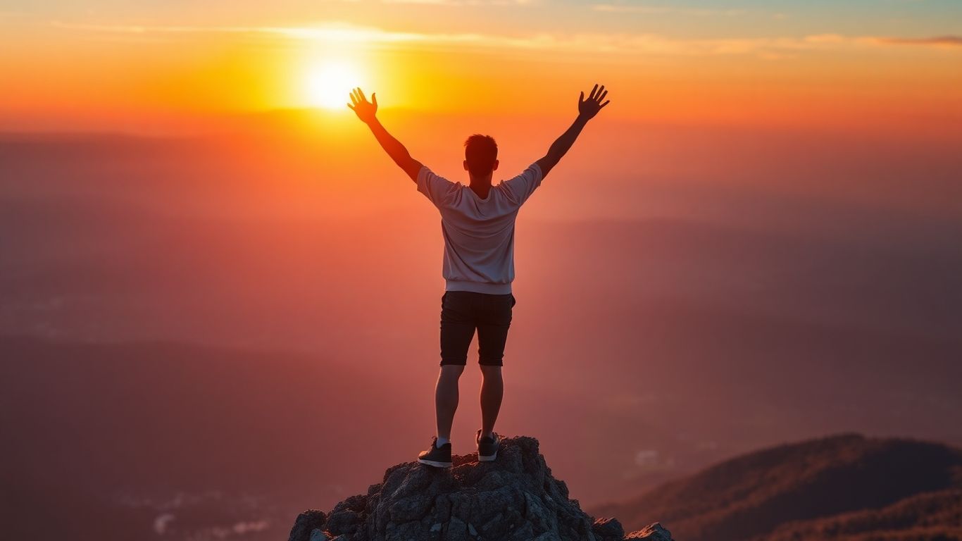 Person celebrating success on a mountain peak at sunrise.