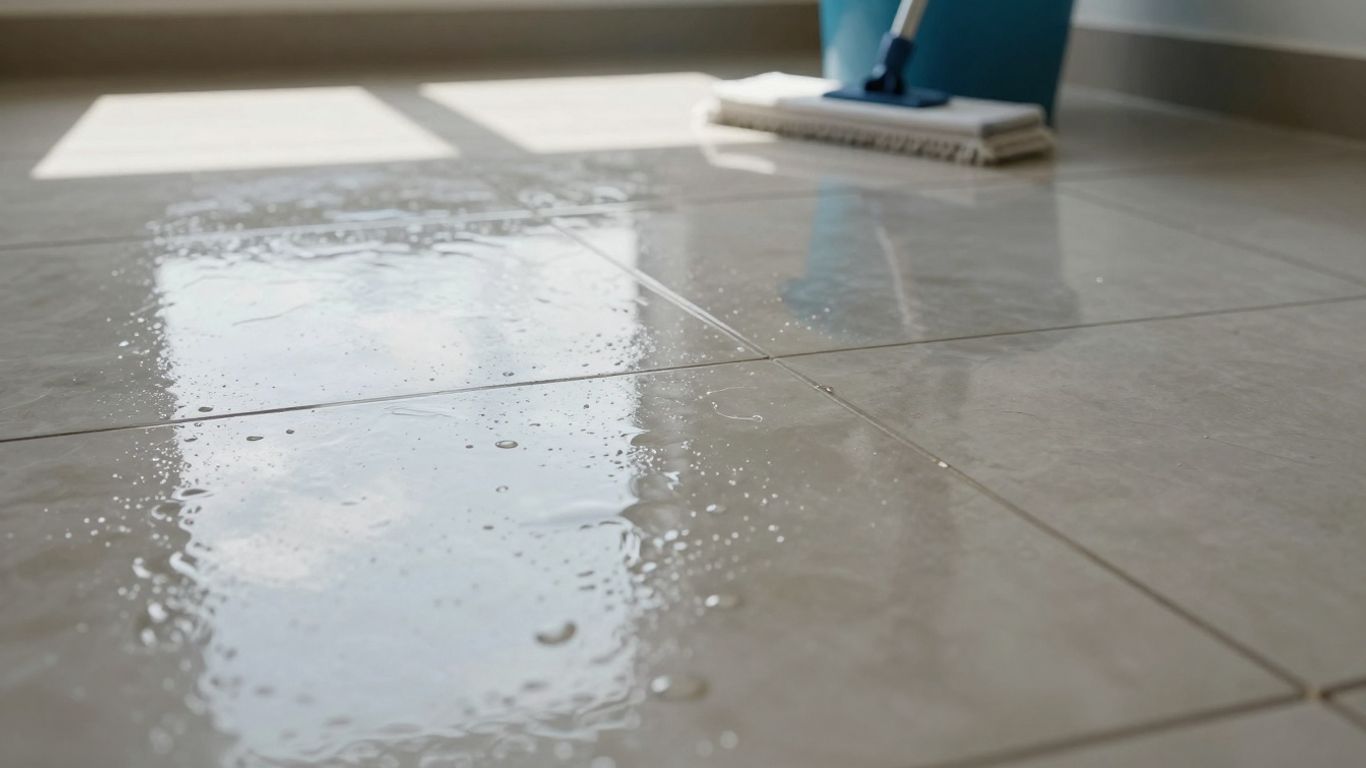 Clean, wet tile floor with water droplets reflecting light.