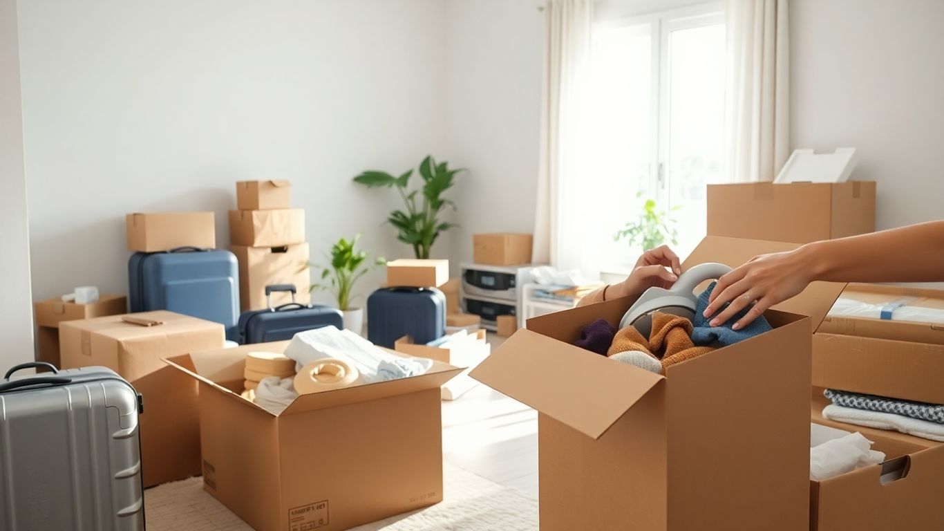Hands packing boxes in a sunlit apartment