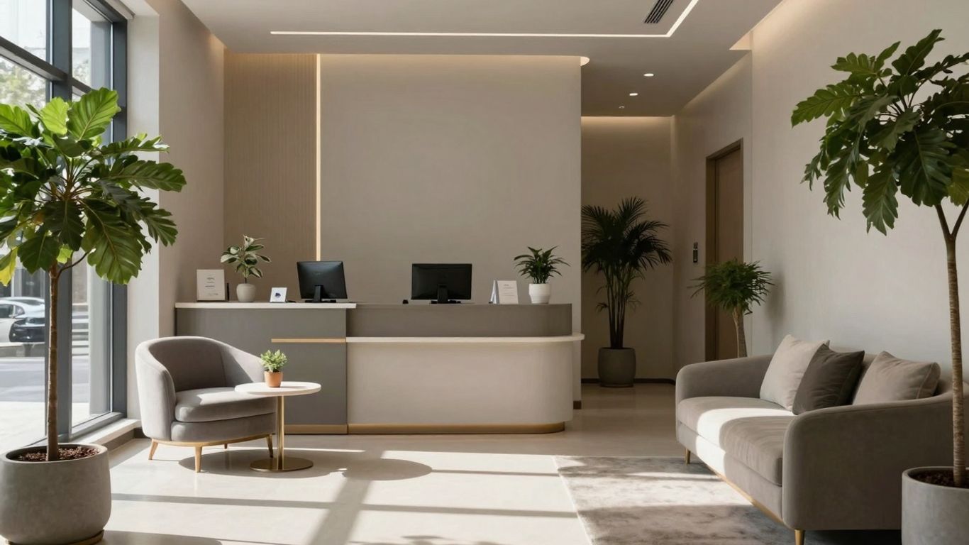 Modern aesthetic clinic interior with reception desk and natural light.