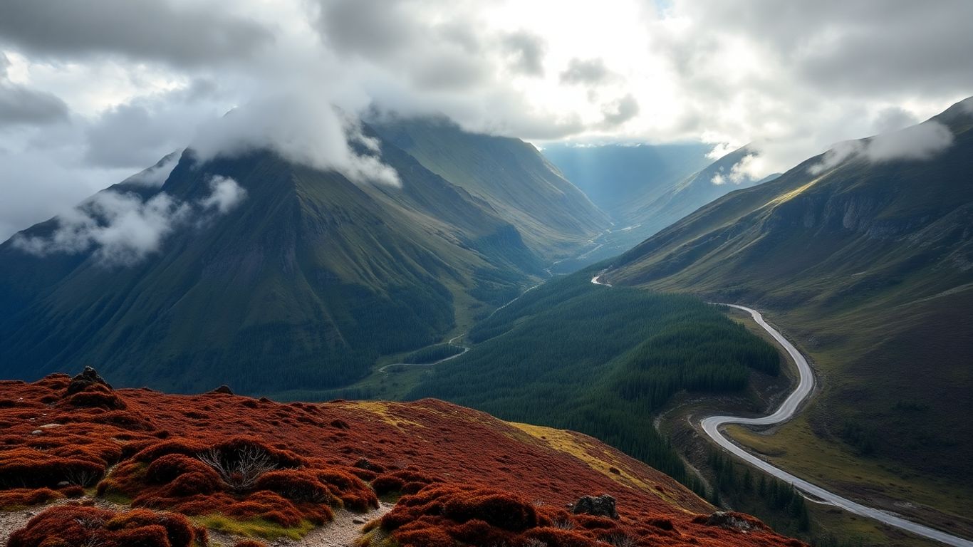 Majestic Scottish Highlands mountains under misty clouds.
