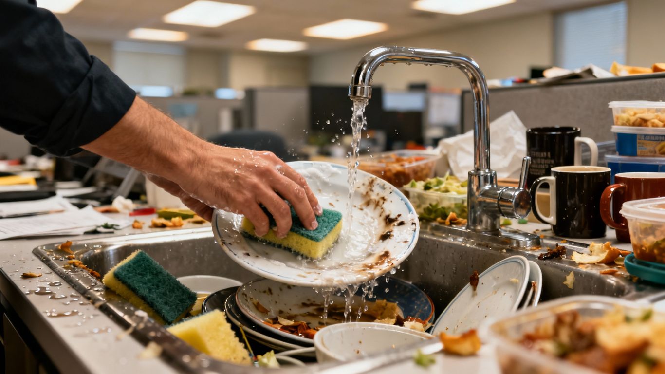 Špinavá kuchynka vo firme plná riadu a neporiadku.