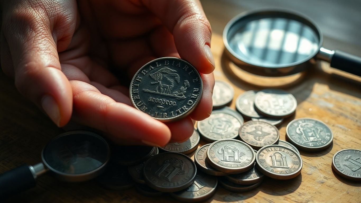 Hands examining coins with magnifying glass on table