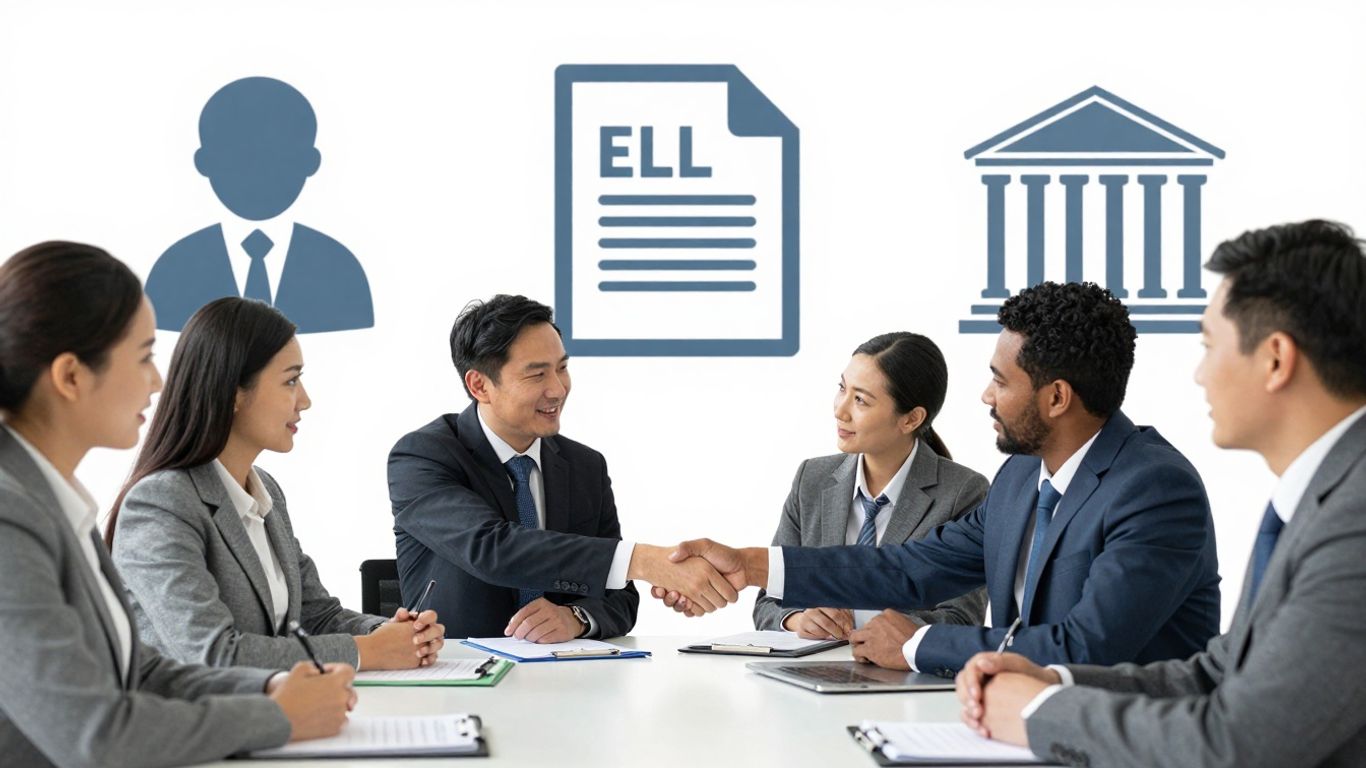 Business formation options visualized with icons and professionals.