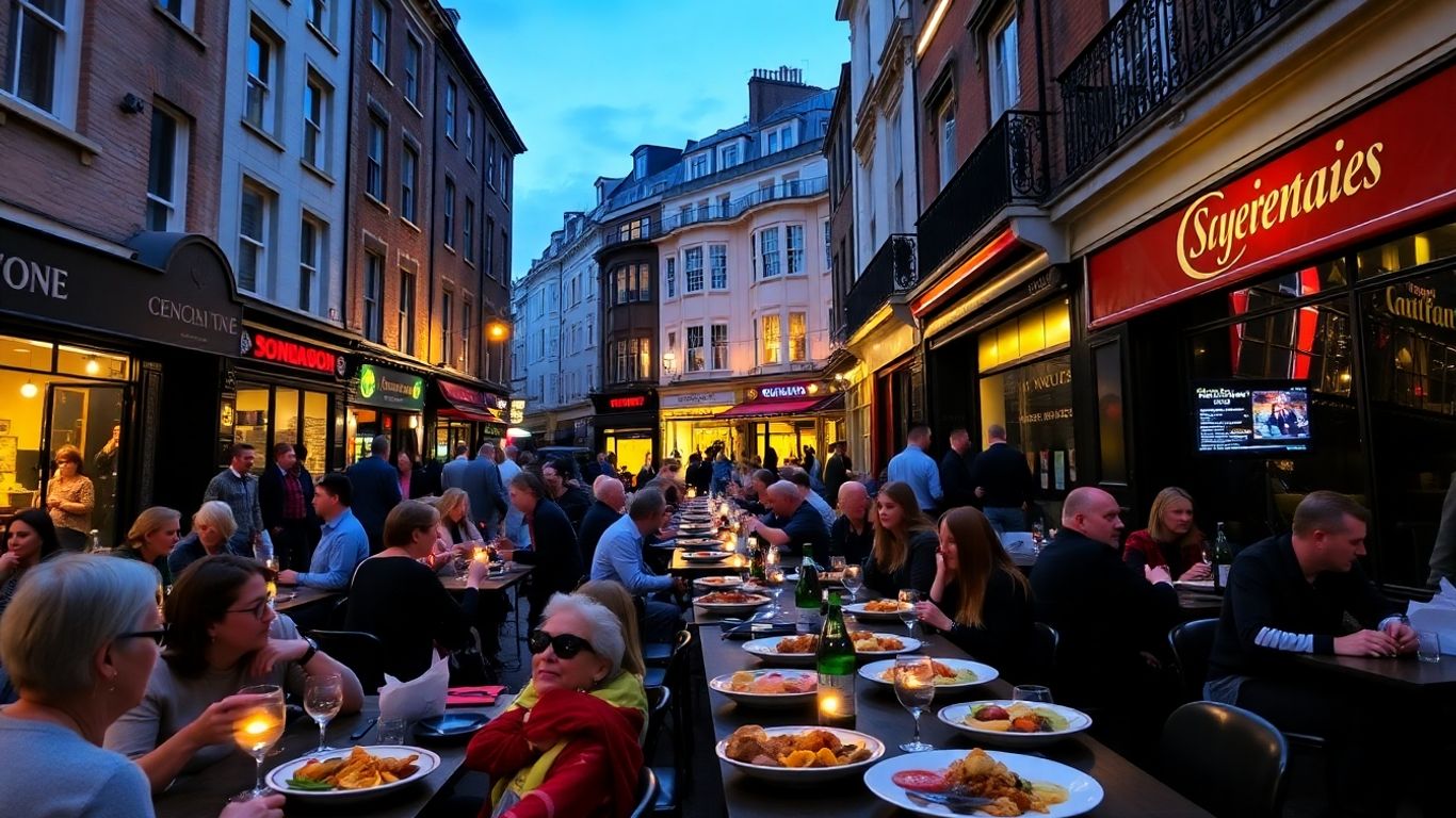 Bustling Soho street with outdoor dining and London lights
