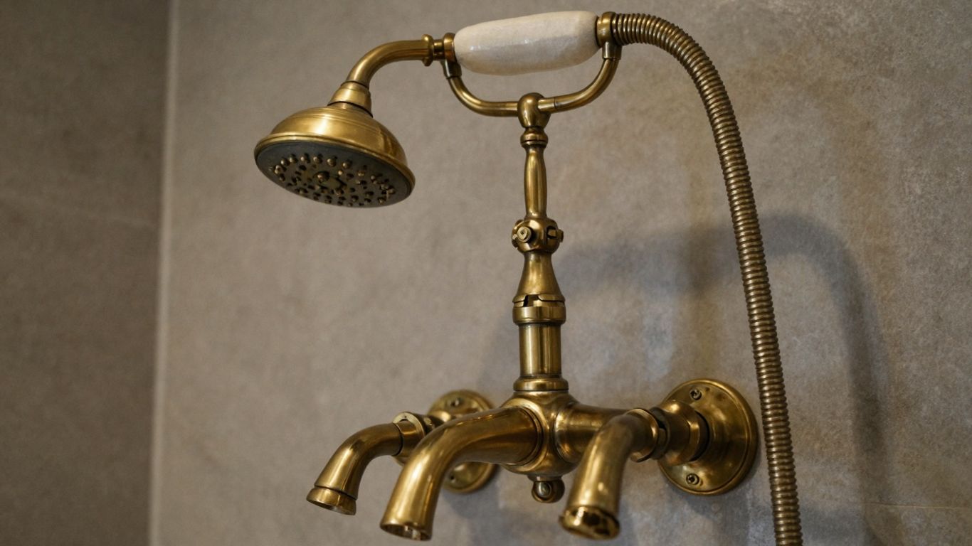 Antique brass shower fixtures in a luxurious bathroom setting.