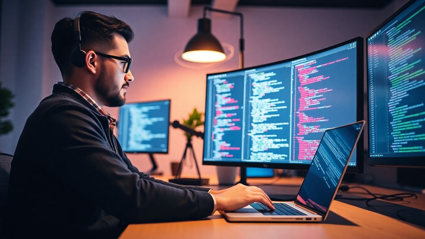 Full stack developer at modern workspace coding.