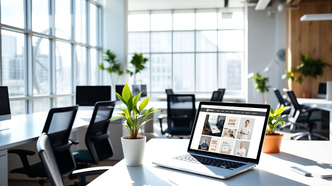 Modern office with laptop and website