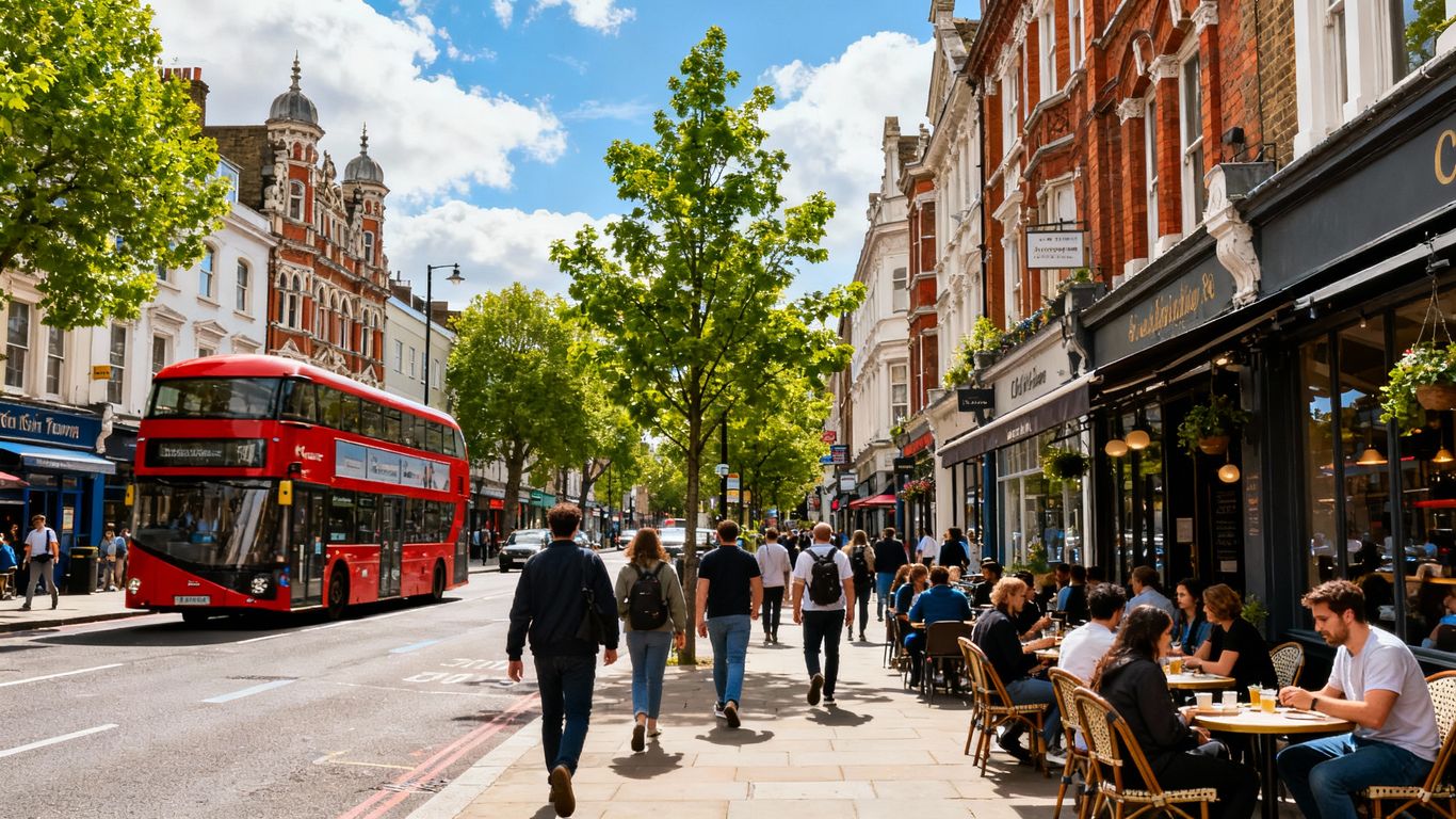 Kentish Town Road with buses, people, cafés, Victorian buildings