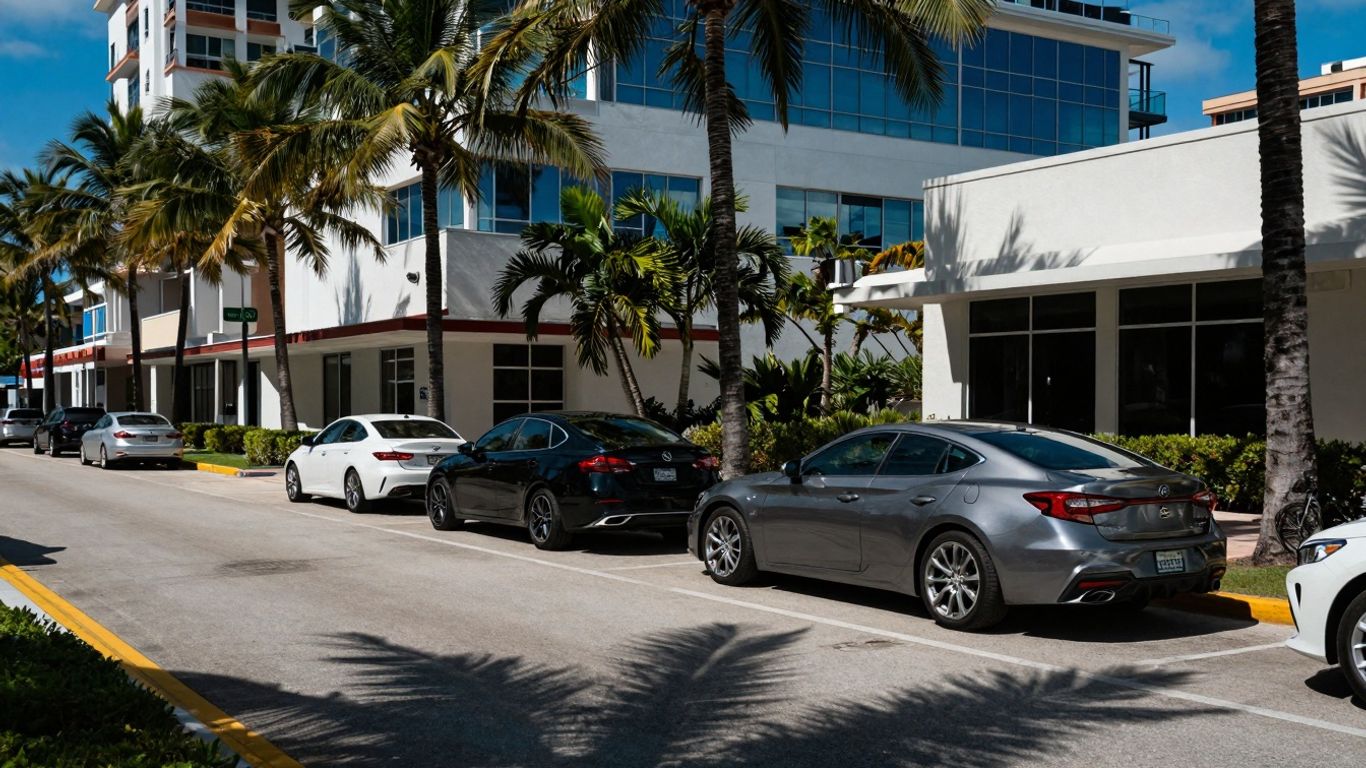 Aventura, Florida street with cars and modern buildings.
