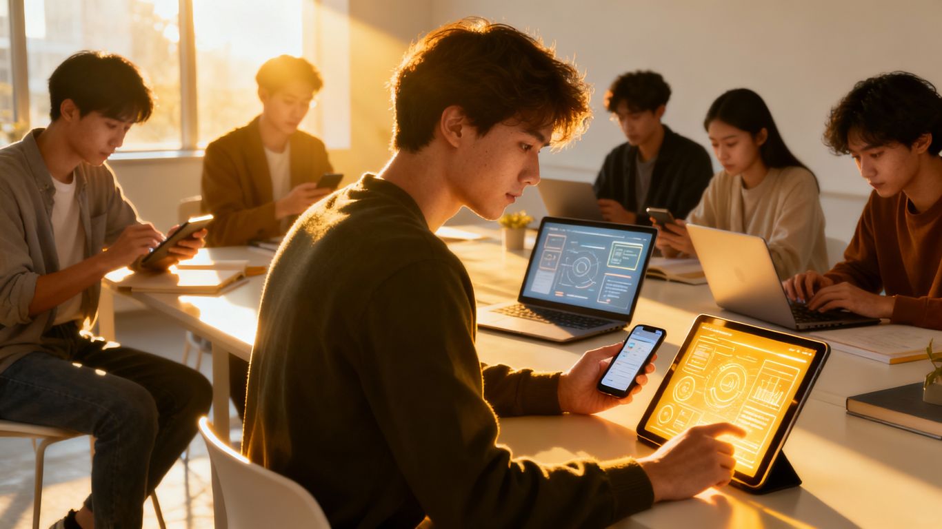 People learning on laptops and tablets in a bright room.