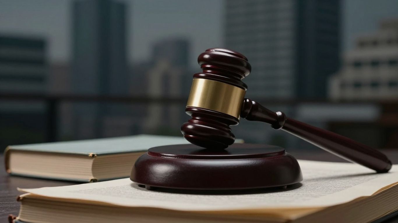 Gavel on legal books with cityscape background