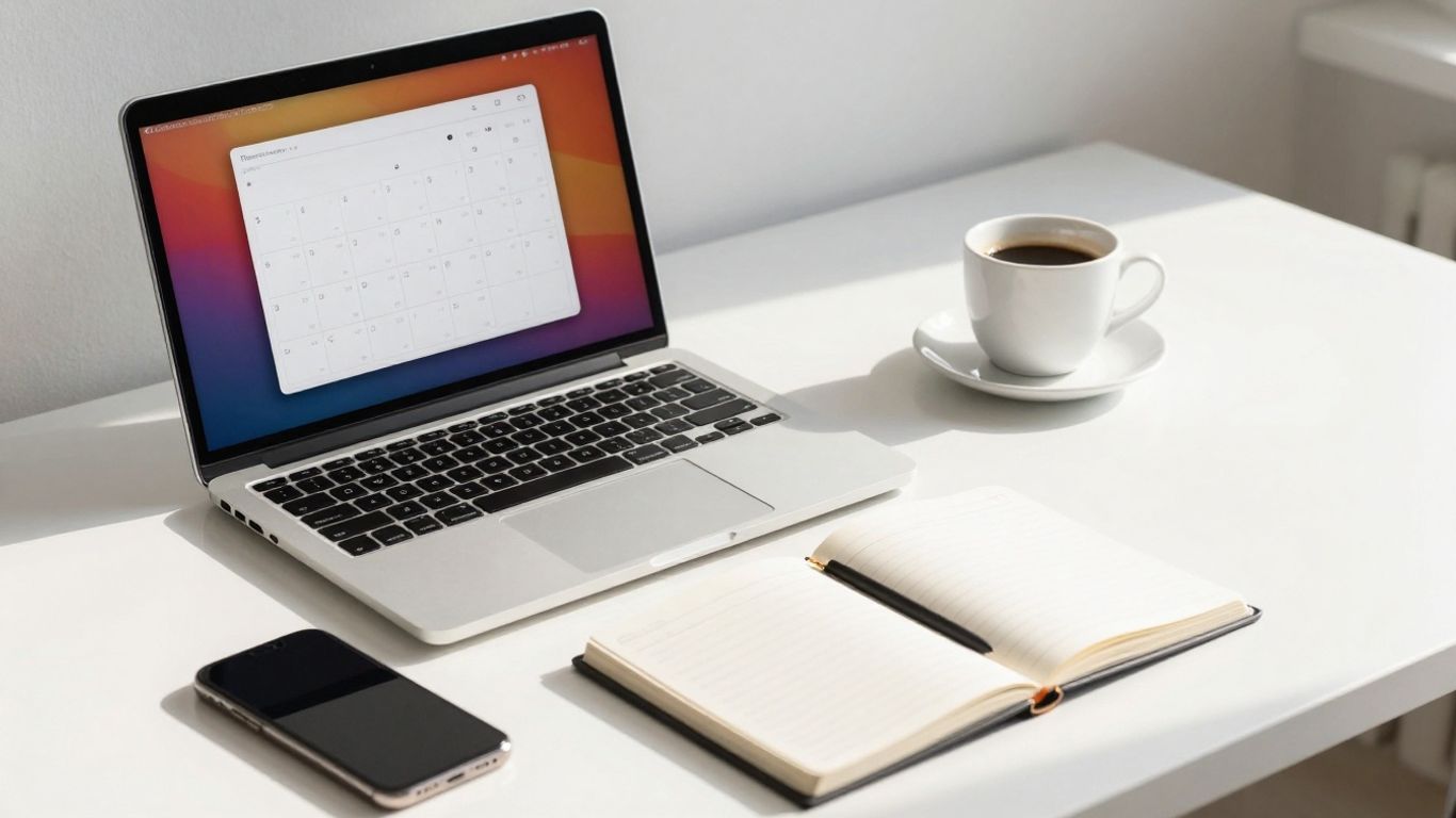 Modern desk with calendar app on laptop screen.