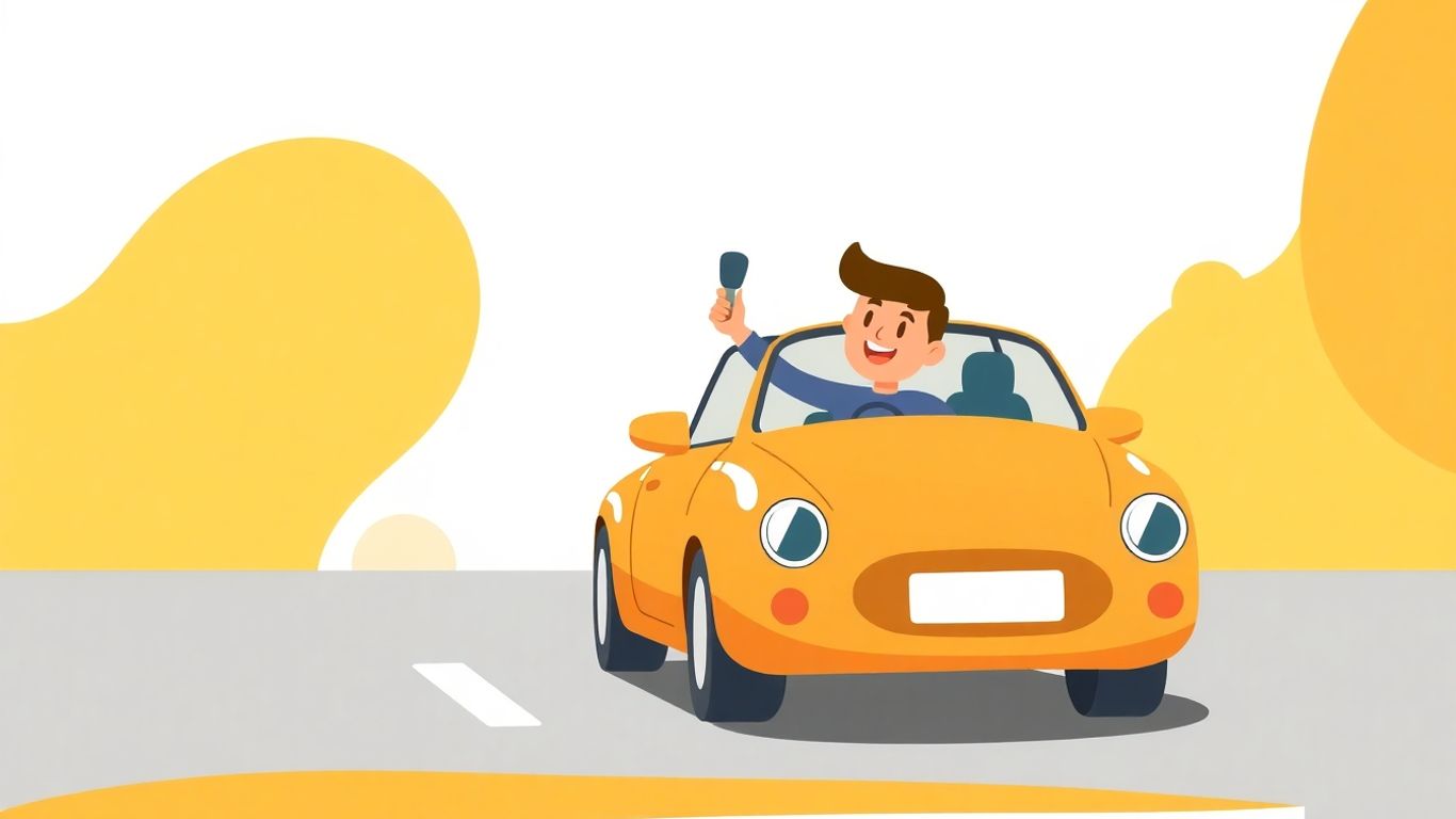 Cartoon car and happy person with car key.