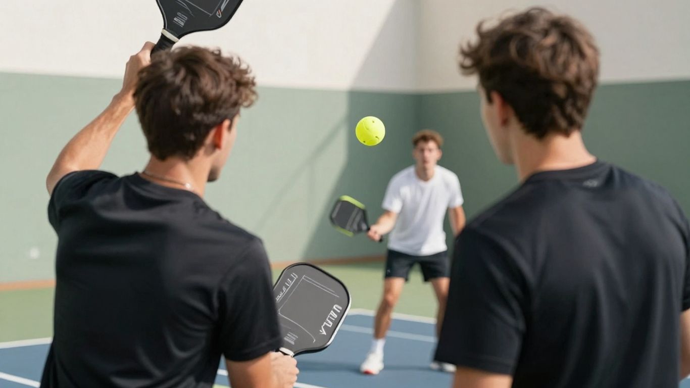 Pickleball players on court with paddles and ball.