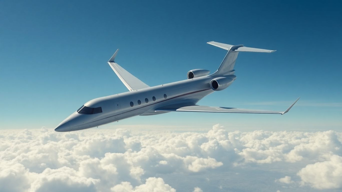 Private jet flying through a clear blue sky.