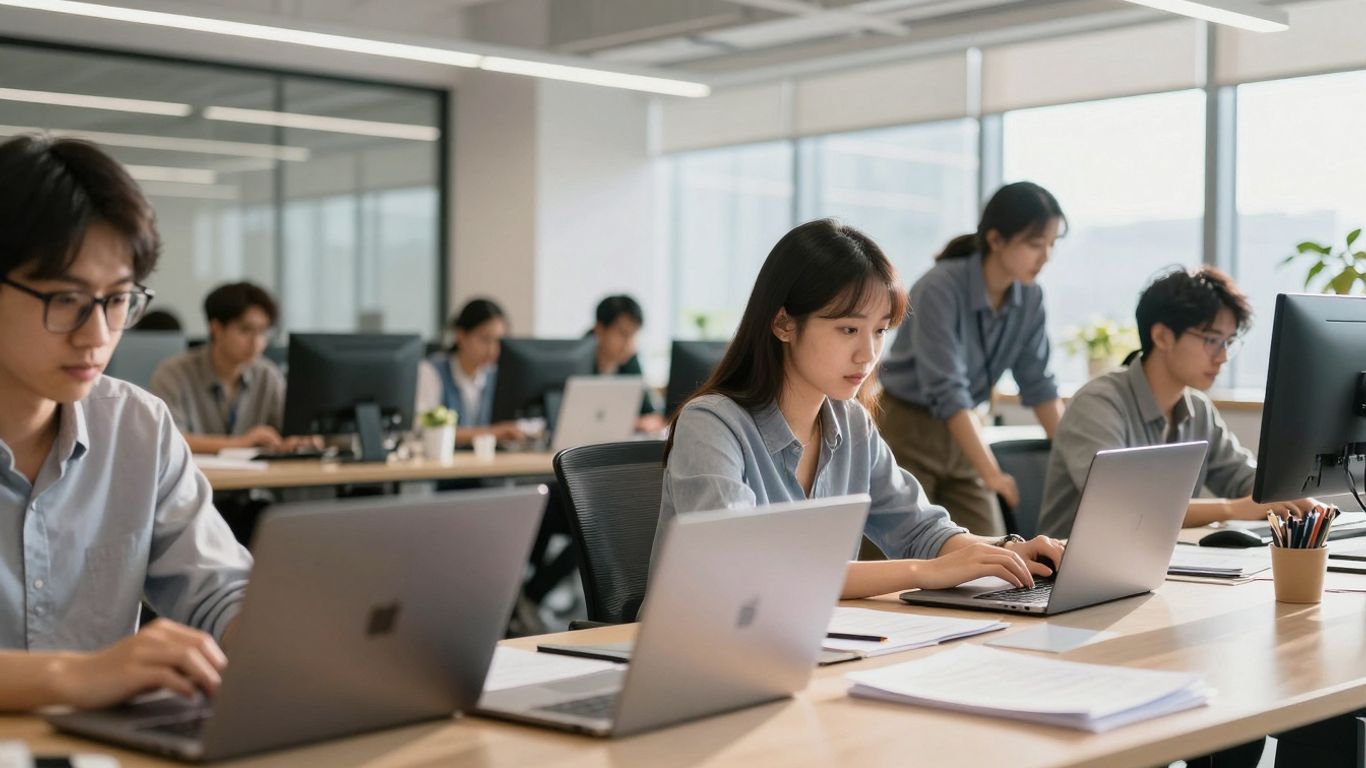 Modern office with people working on laptops.