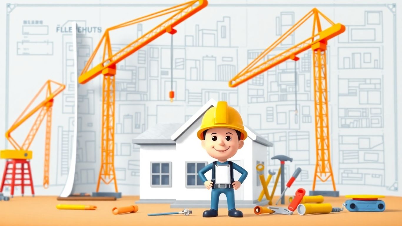 Animated construction site with blueprint and hard hat.