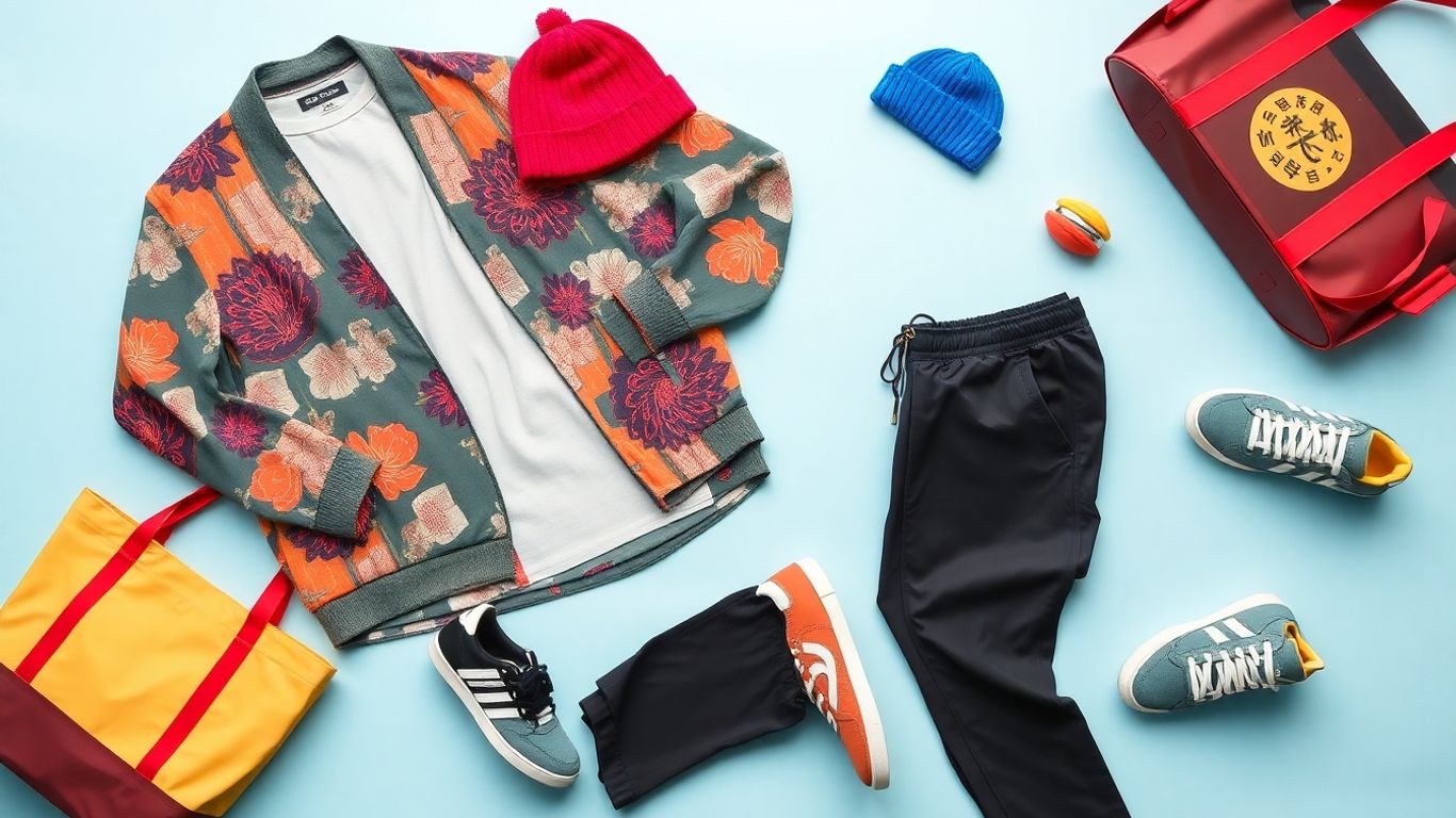 Affordable Japanese clothing and sportswear laid out.