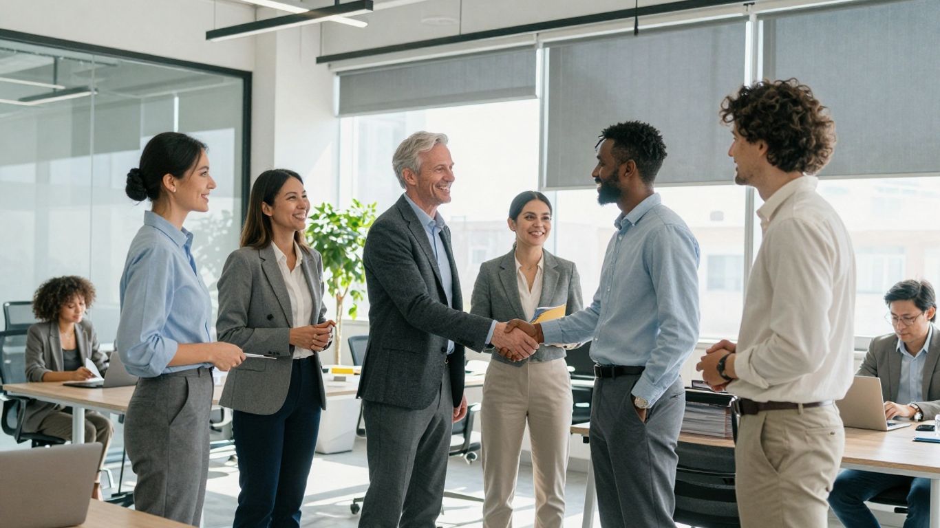 Business people shaking hands, forging community partnerships.
