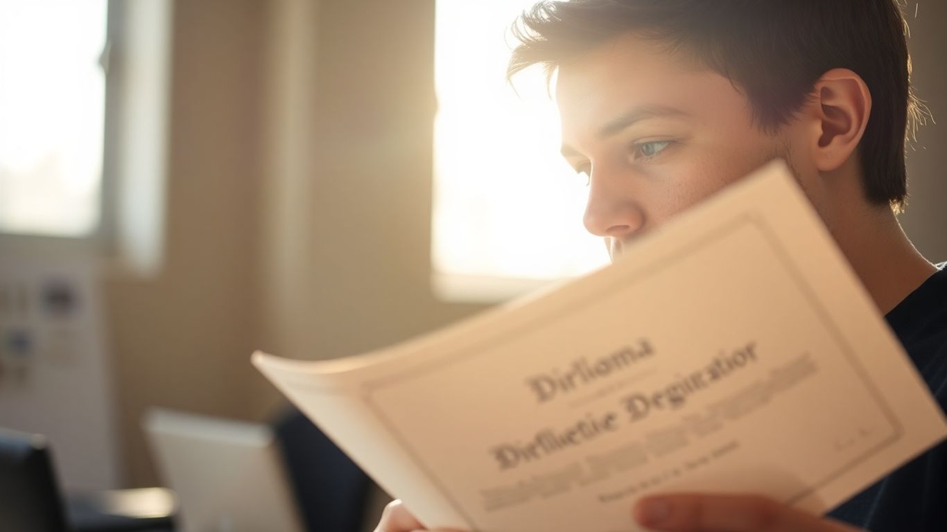 Personne réfléchissant à un diplôme, environnement professionnel flou.