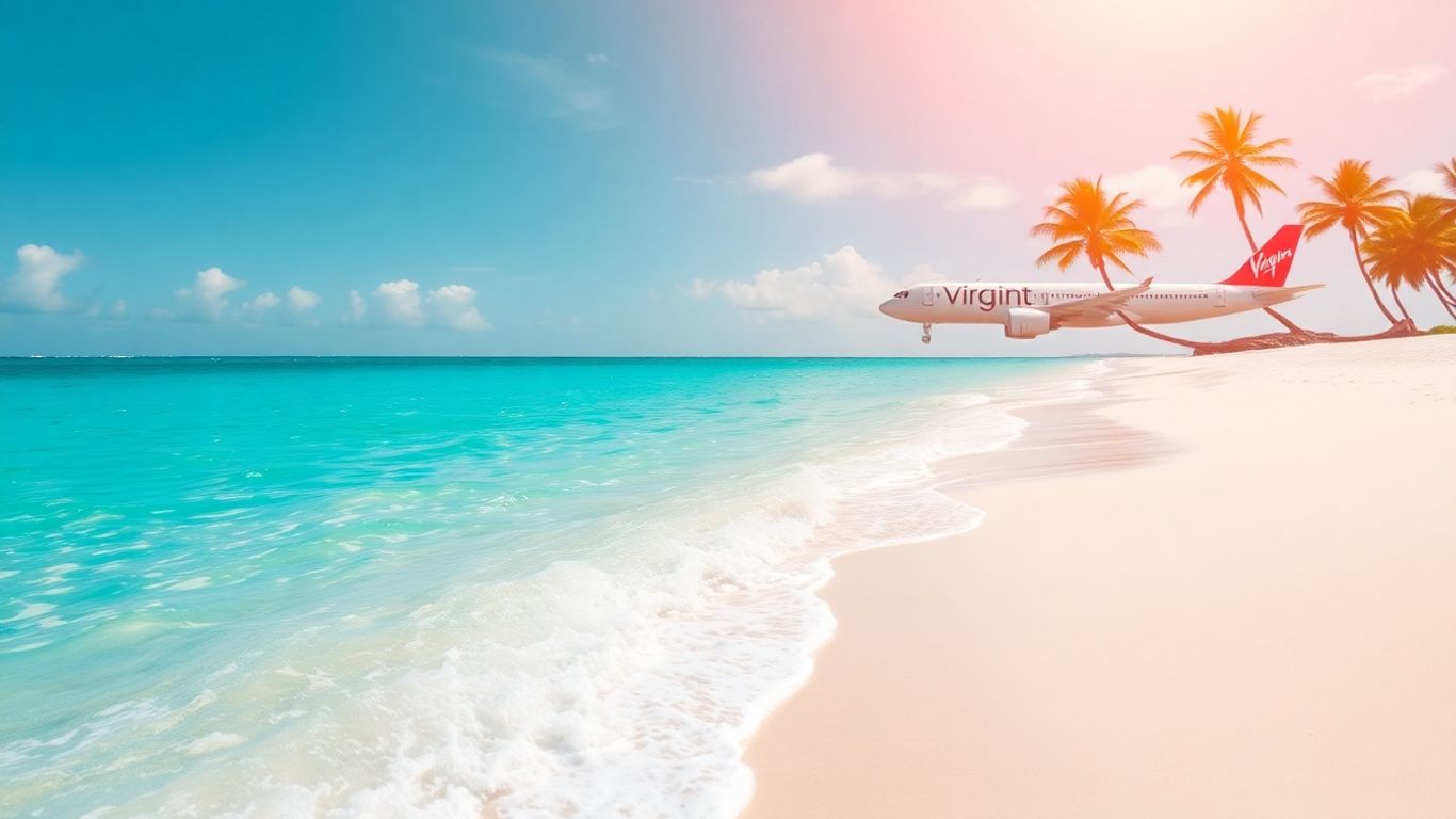 Virgin Atlantic airplane flying over a tropical beach.