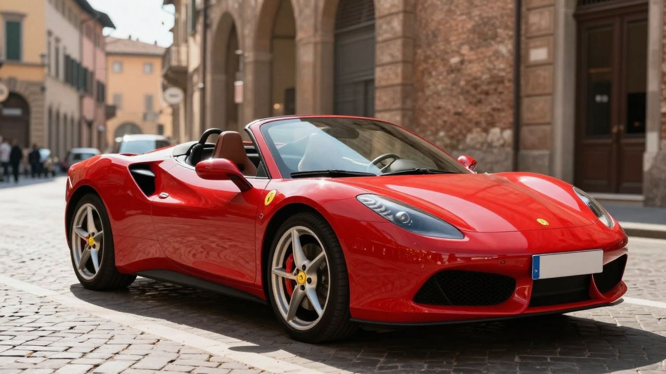 Rotes Cabriolet in Bologna auf Kopfsteinpflasterstraße