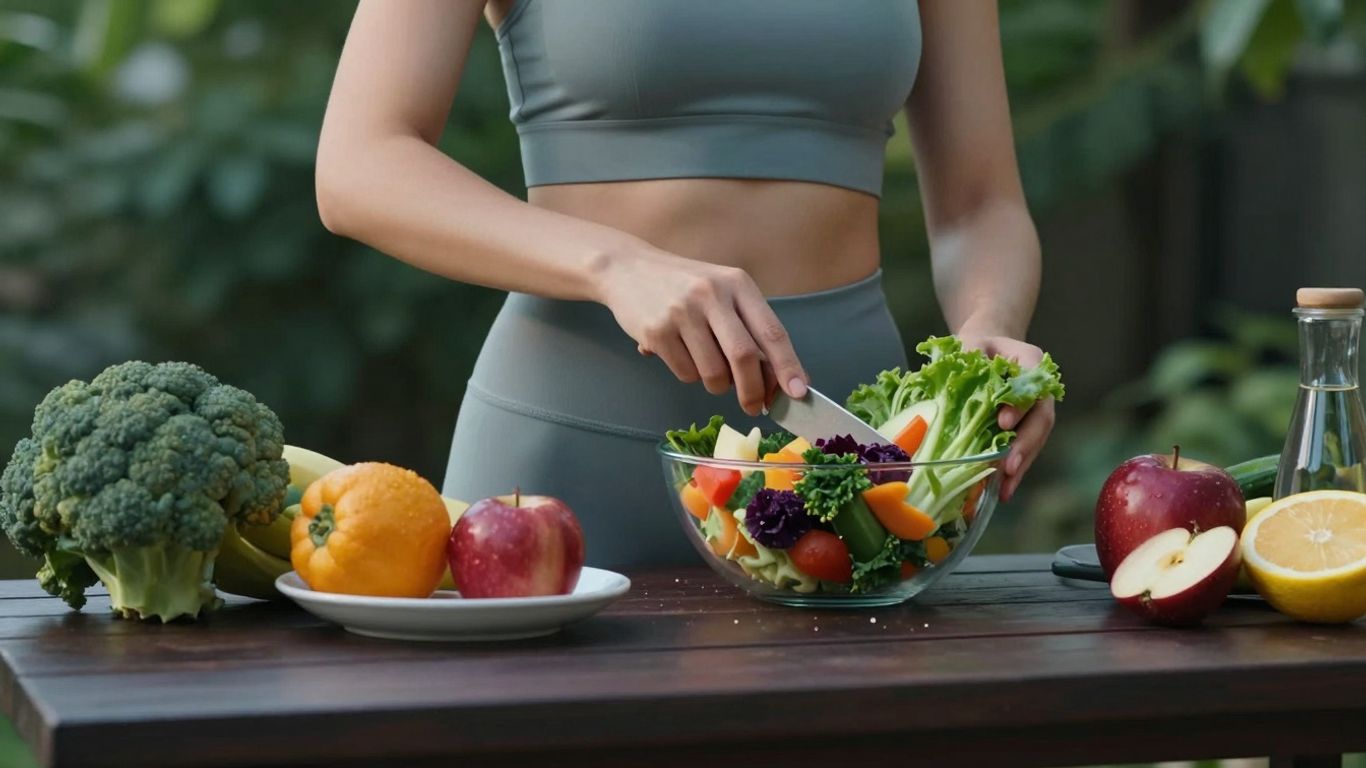 Pessoa comendo frutas e vegetais frescos e se exercitando.