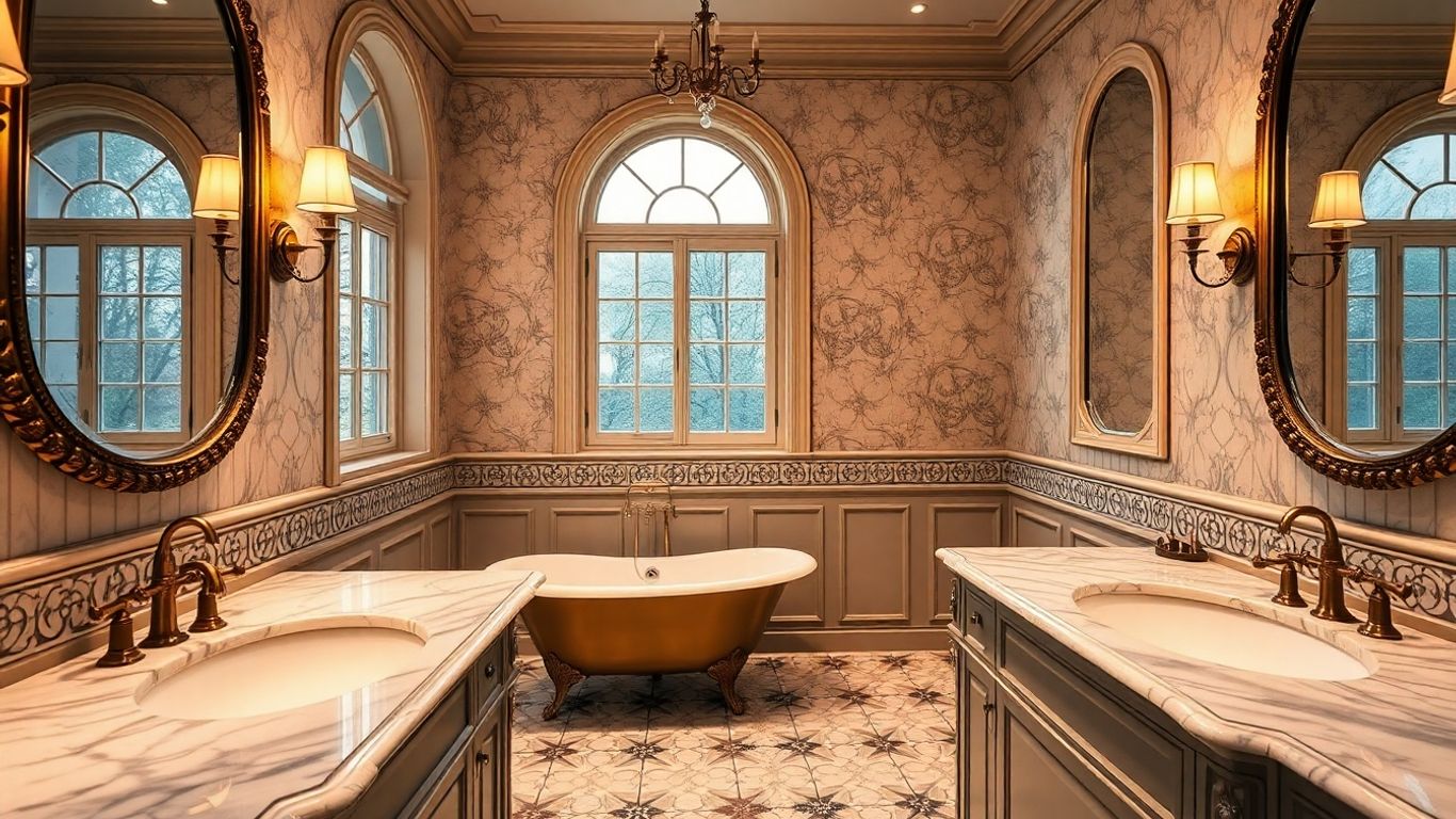 Elegant Victorian bathroom with ornate fixtures and soft lighting.