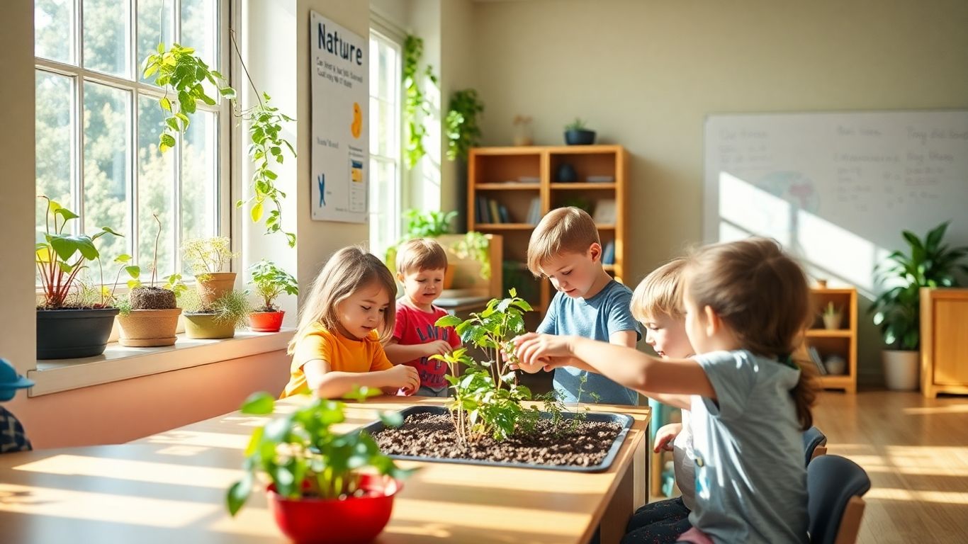 Copii îngrijind plante într-o clasă luminoasă.