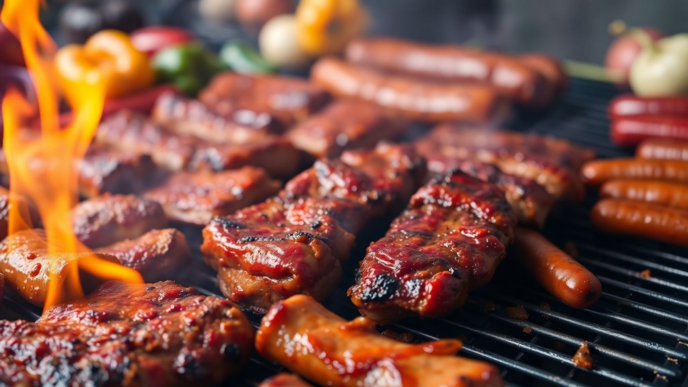 Sizzling Latin American BBQ meats on a grill.