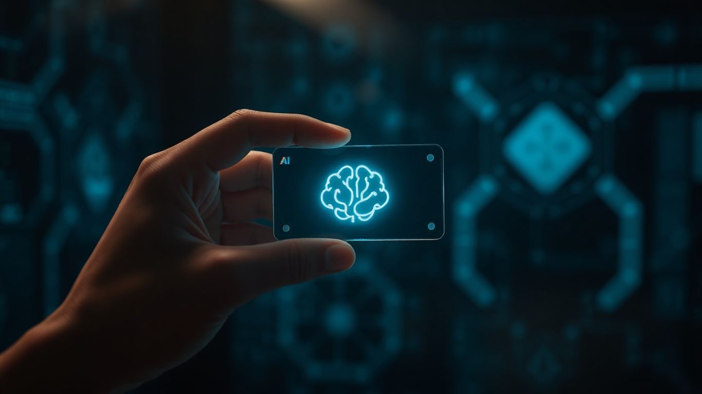 Hand holding futuristic AI keycard with brain icon.
