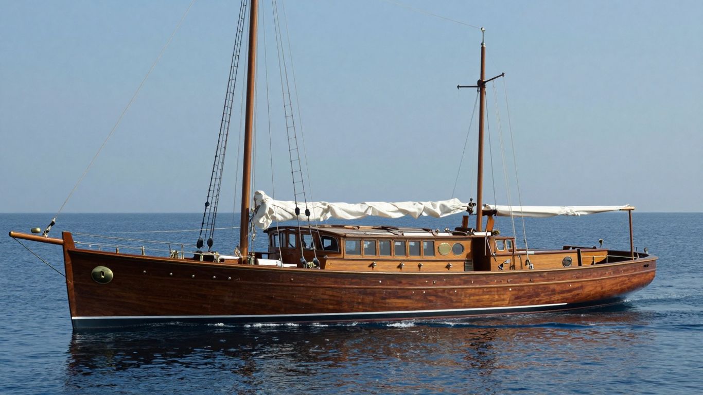 Elegant 1920s wooden yacht sailing on the sea.