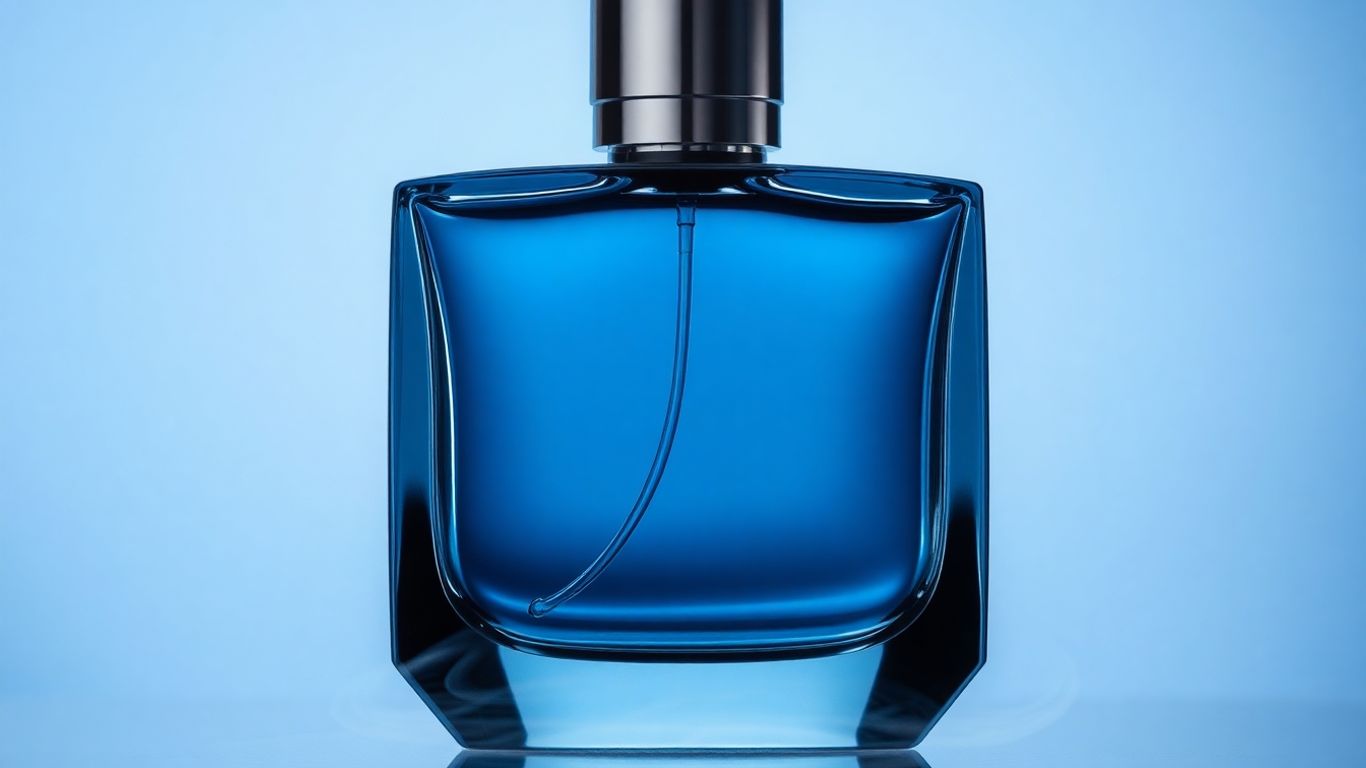 Elegant blue and silver fragrance bottle with swirling mist.
