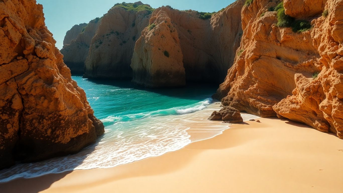Secluded Cabo beach cove with dramatic rock formations.
