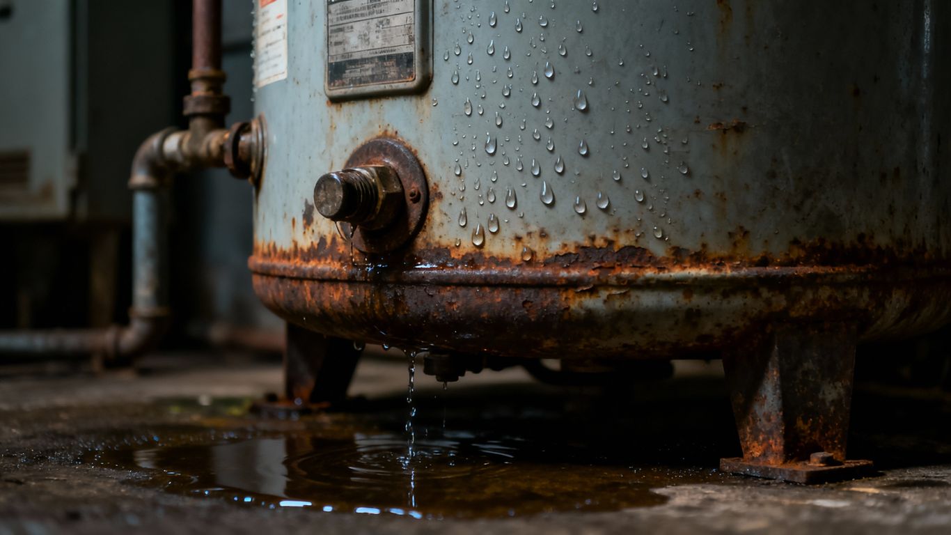 Rusted water heater with water leaking from base.