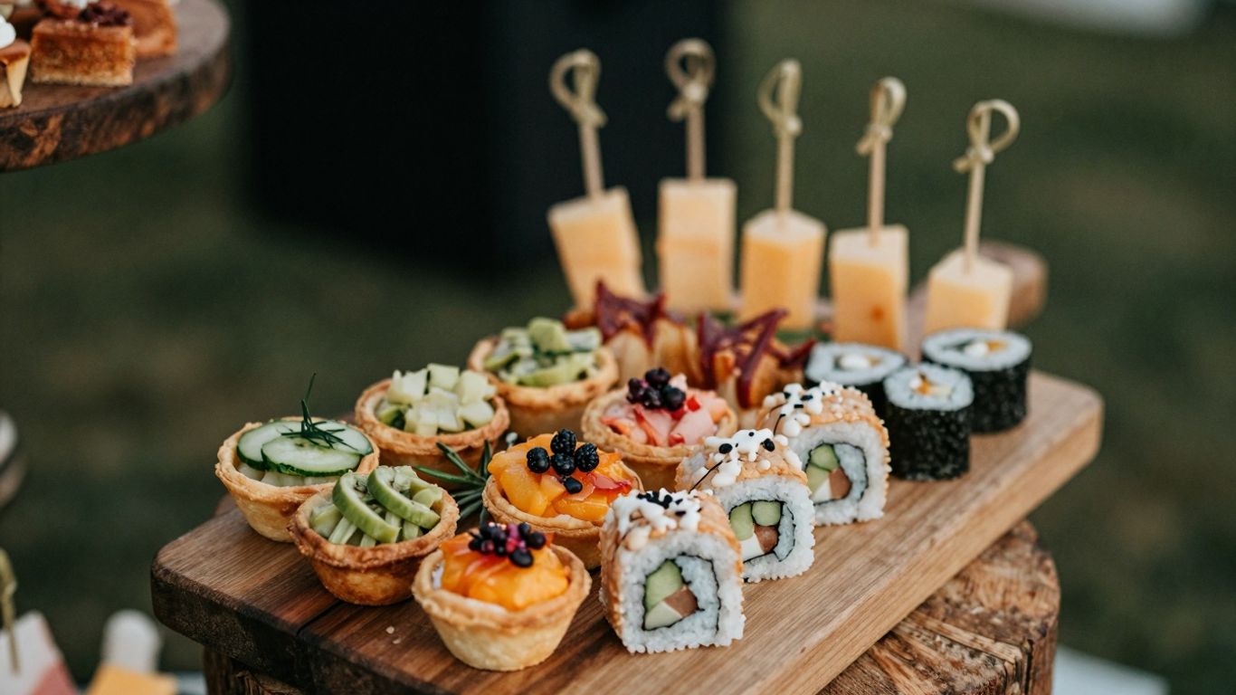 Gourmet wedding appetizers on a rustic wooden board.