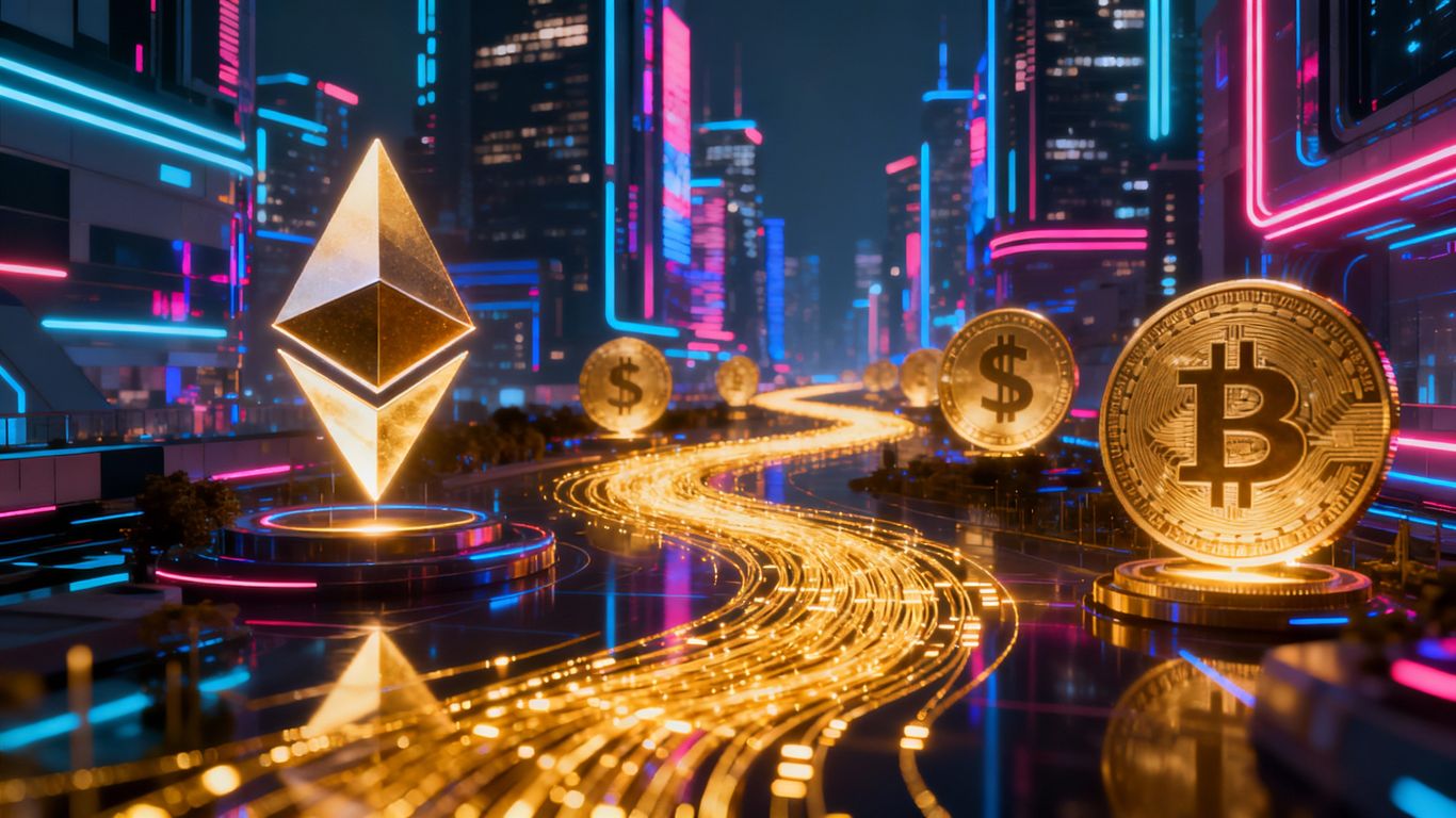 Ethereum and stablecoins powering decentralized finance growth.