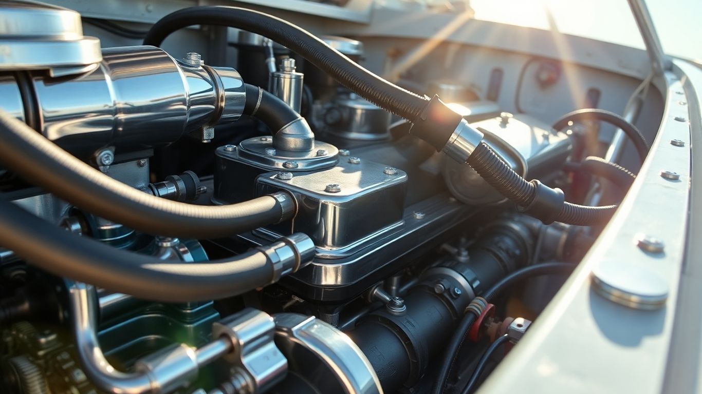 Boat engine mechanical systems during pre-season maintenance check.