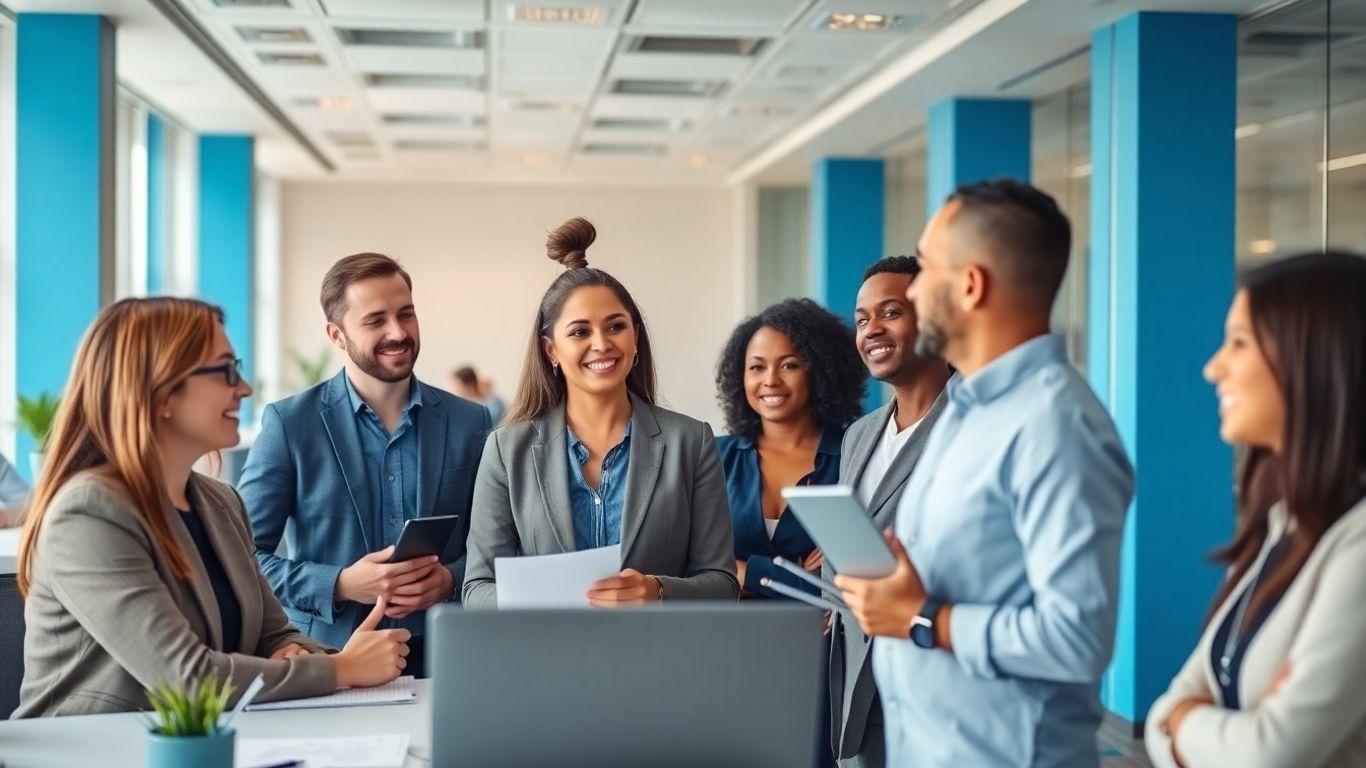 Menschen im modernen Büro mit blauen Akzenten